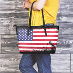 Grunge American Flag Print Leather Tote Bag