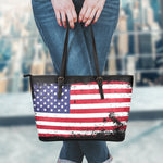 Grunge American Flag Print Leather Tote Bag