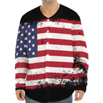 Grunge American Flag Print Long Sleeve Baseball Jersey