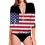 Grunge American Flag Print Long Sleeve Swimsuit