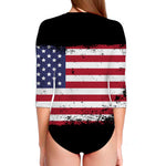 Grunge American Flag Print Long Sleeve Swimsuit