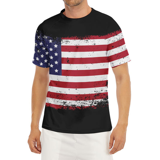 Grunge American Flag Print Men's Short Sleeve Rash Guard