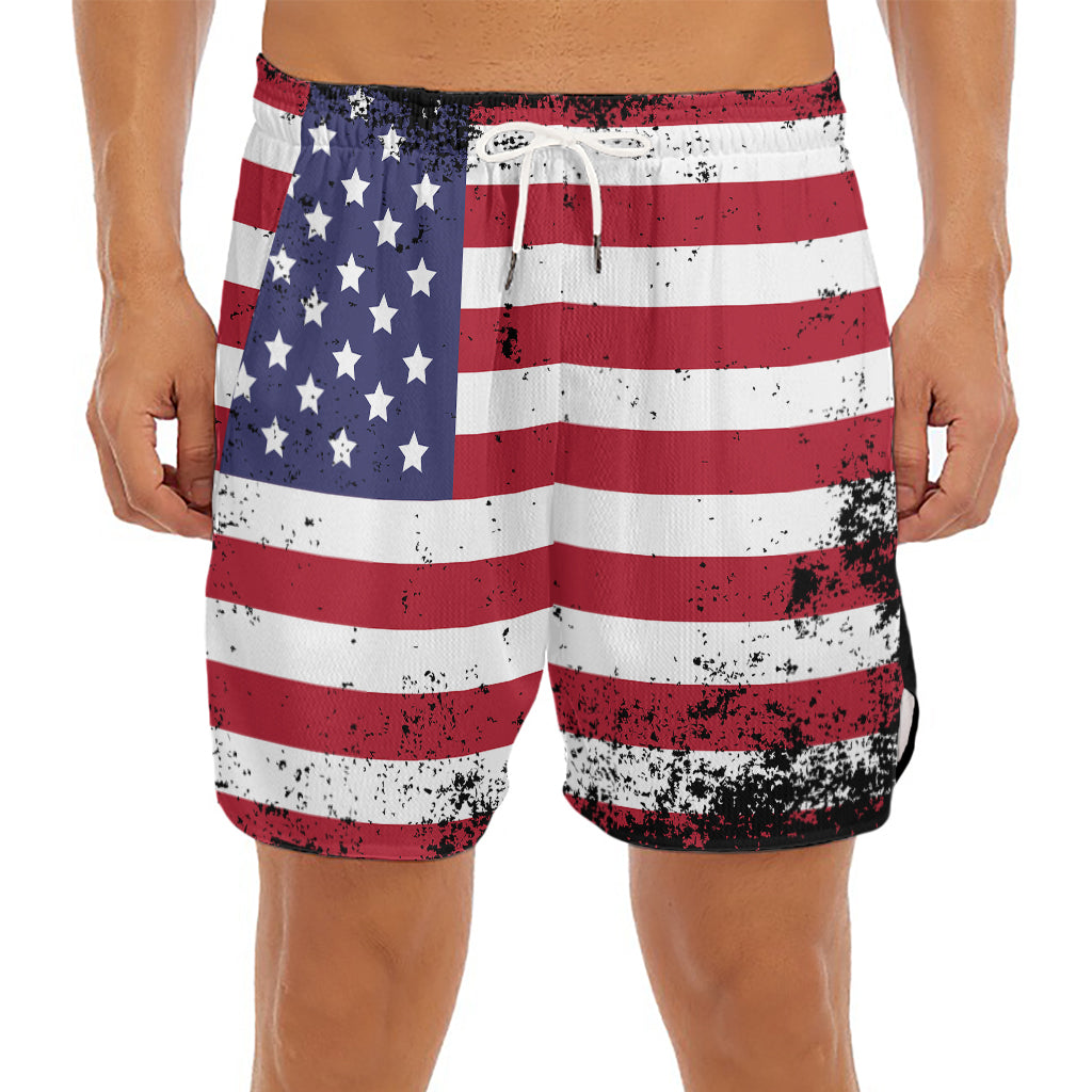 Grunge American Flag Print Men's Split Running Shorts