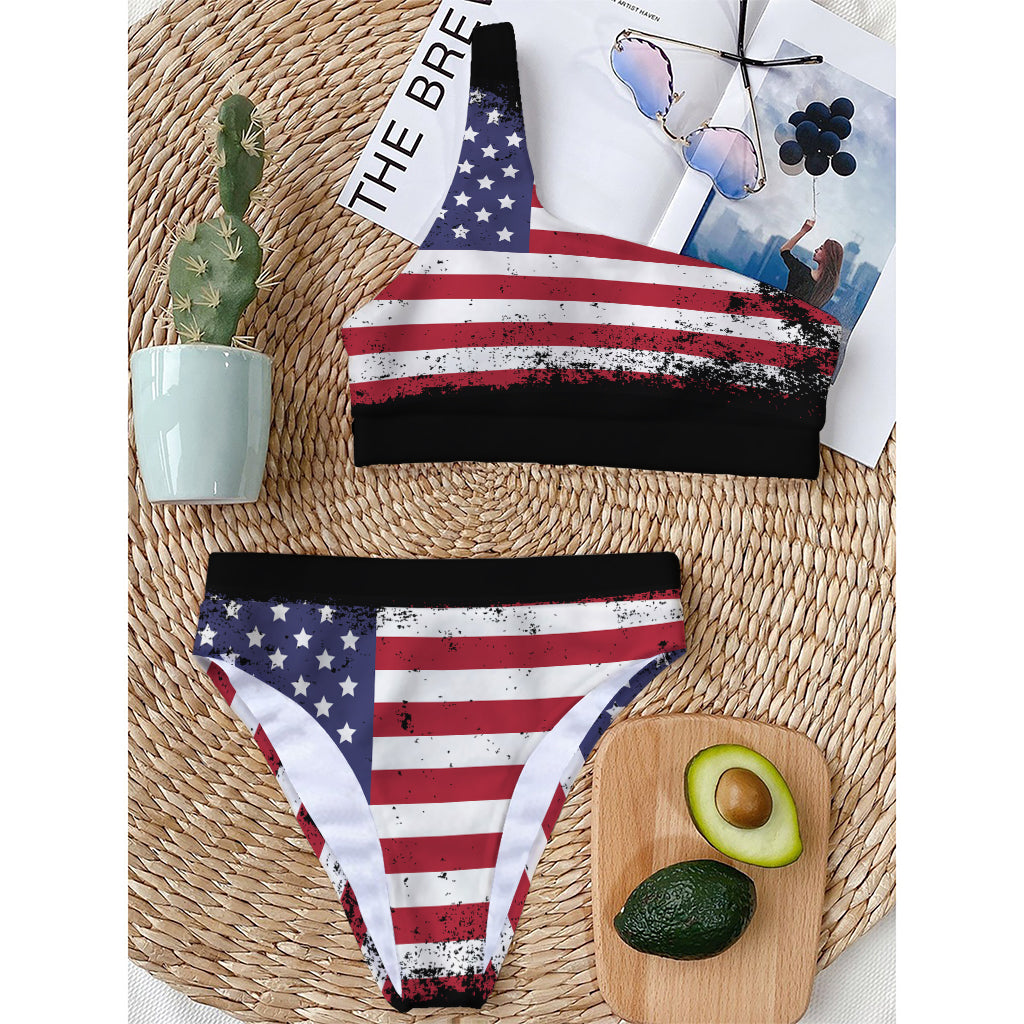 Grunge American Flag Print One Shoulder Bikini Top