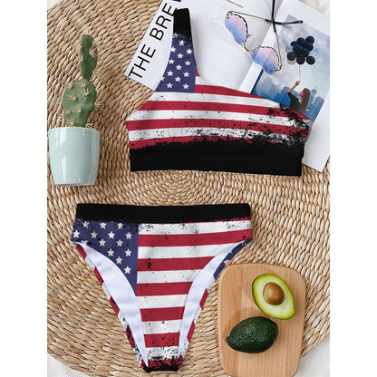 Grunge American Flag Print One Shoulder Bikini Top