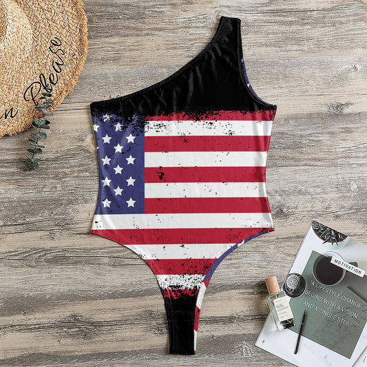 Grunge American Flag Print One Shoulder Bodysuit