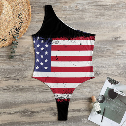 Grunge American Flag Print One Shoulder Bodysuit