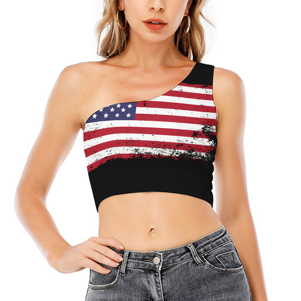 Grunge American Flag Print One Shoulder Crop Top
