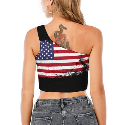 Grunge American Flag Print One Shoulder Crop Top