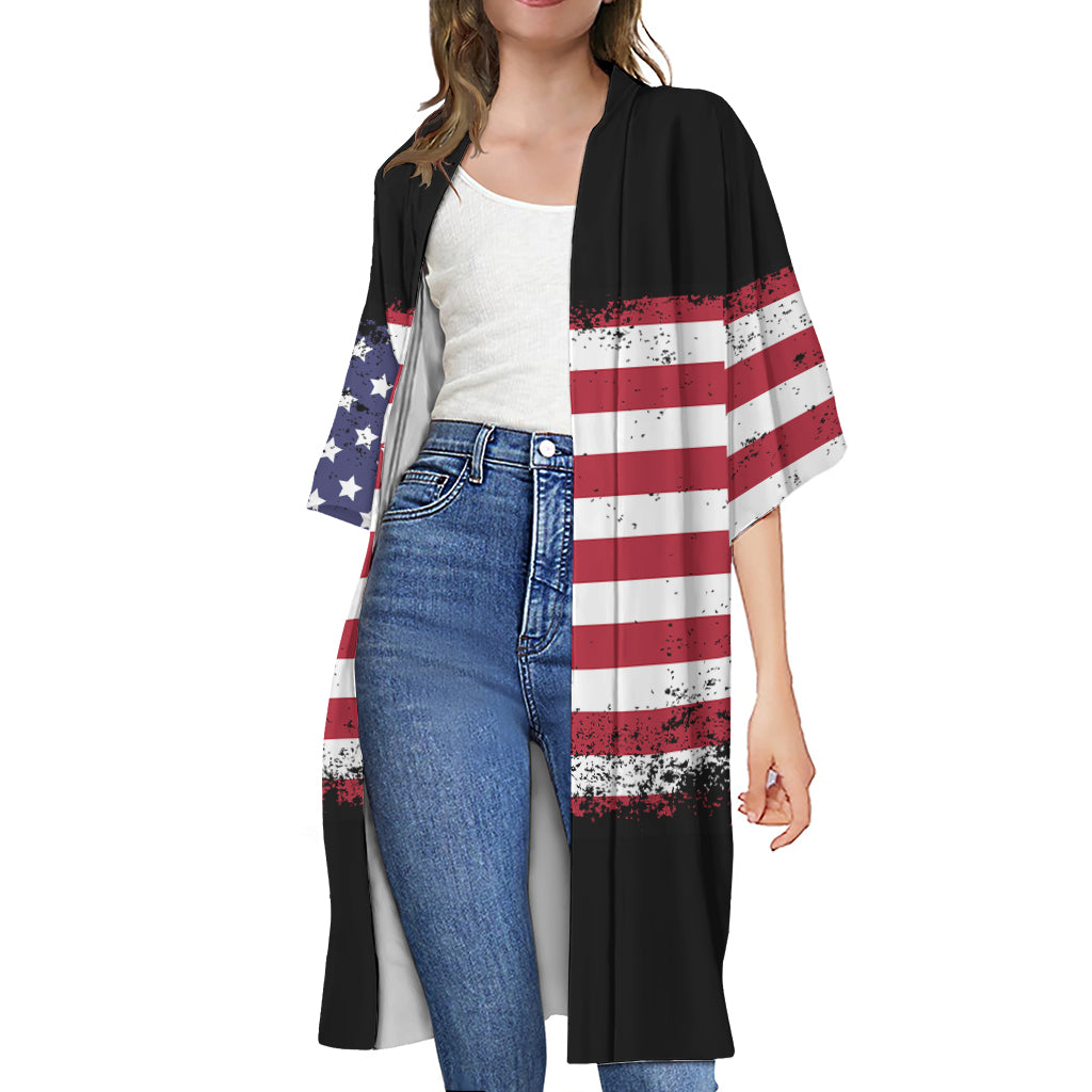 Grunge American Flag Print Open Front Beach Cover Up