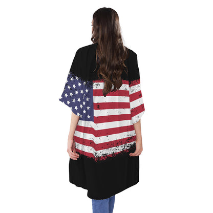 Grunge American Flag Print Open Front Beach Cover Up