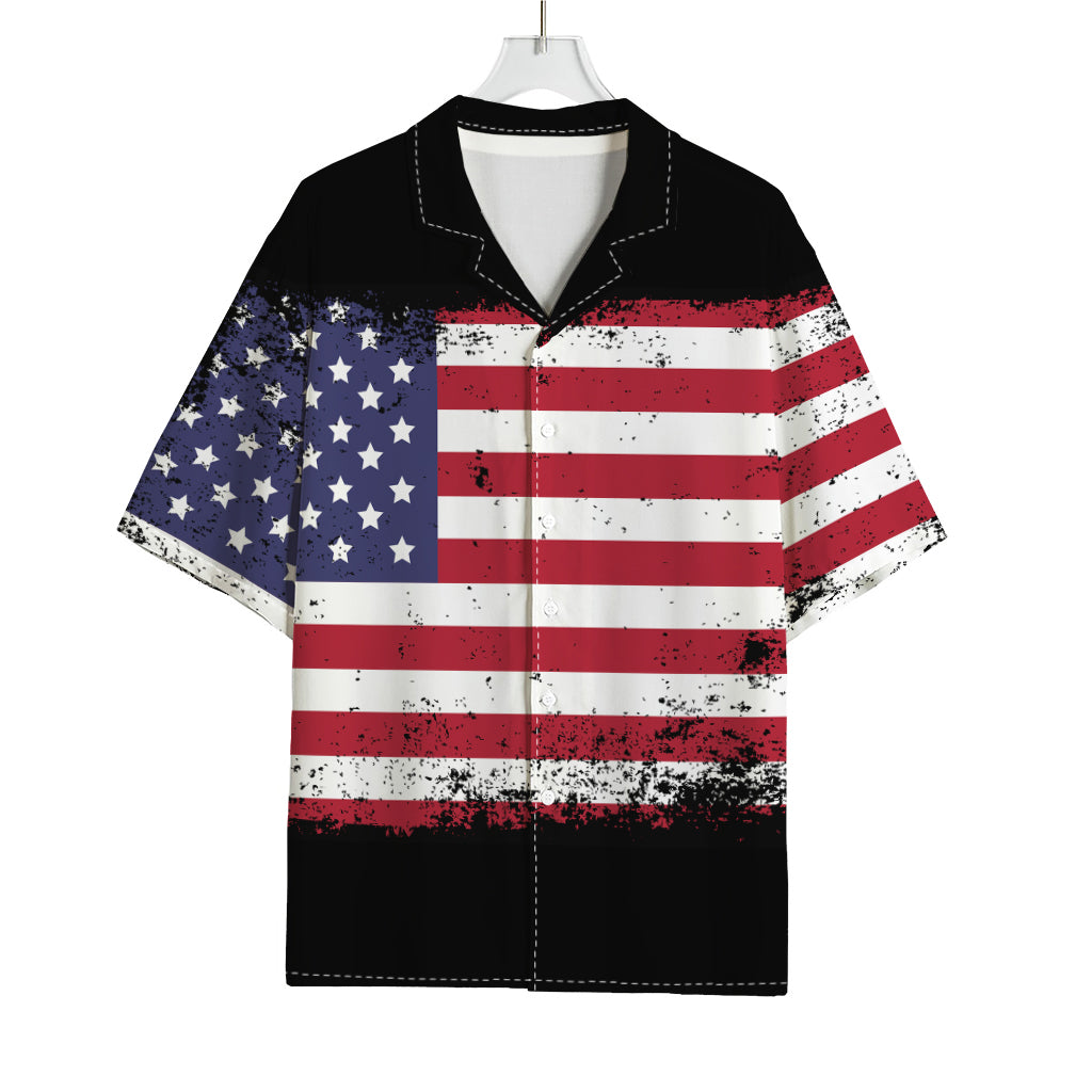 Grunge American Flag Print Rayon Hawaiian Shirt