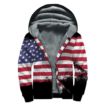 Grunge American Flag Print Sherpa Lined Zip Up Hoodie