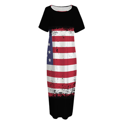 Grunge American Flag Print Short Sleeve Long Nightdress