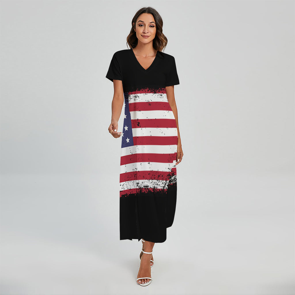 Grunge American Flag Print Short Sleeve Maxi Dress