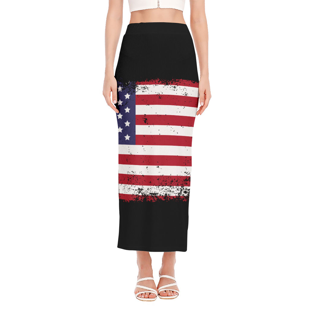 Grunge American Flag Print Side Slit Maxi Skirt