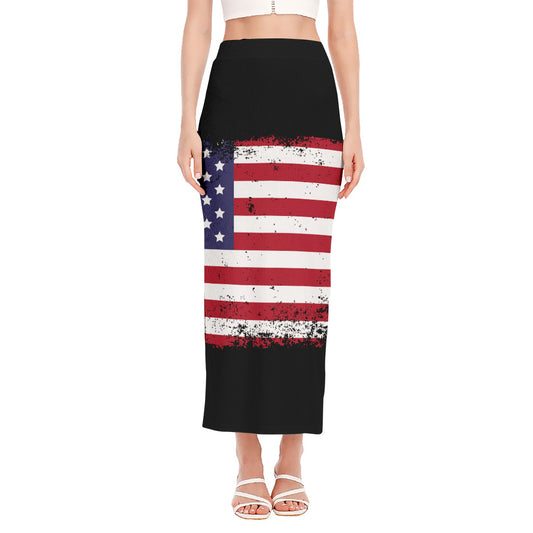 Grunge American Flag Print Side Slit Maxi Skirt