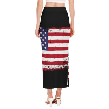 Grunge American Flag Print Side Slit Maxi Skirt