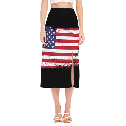 Grunge American Flag Print Side Slit Midi Skirt
