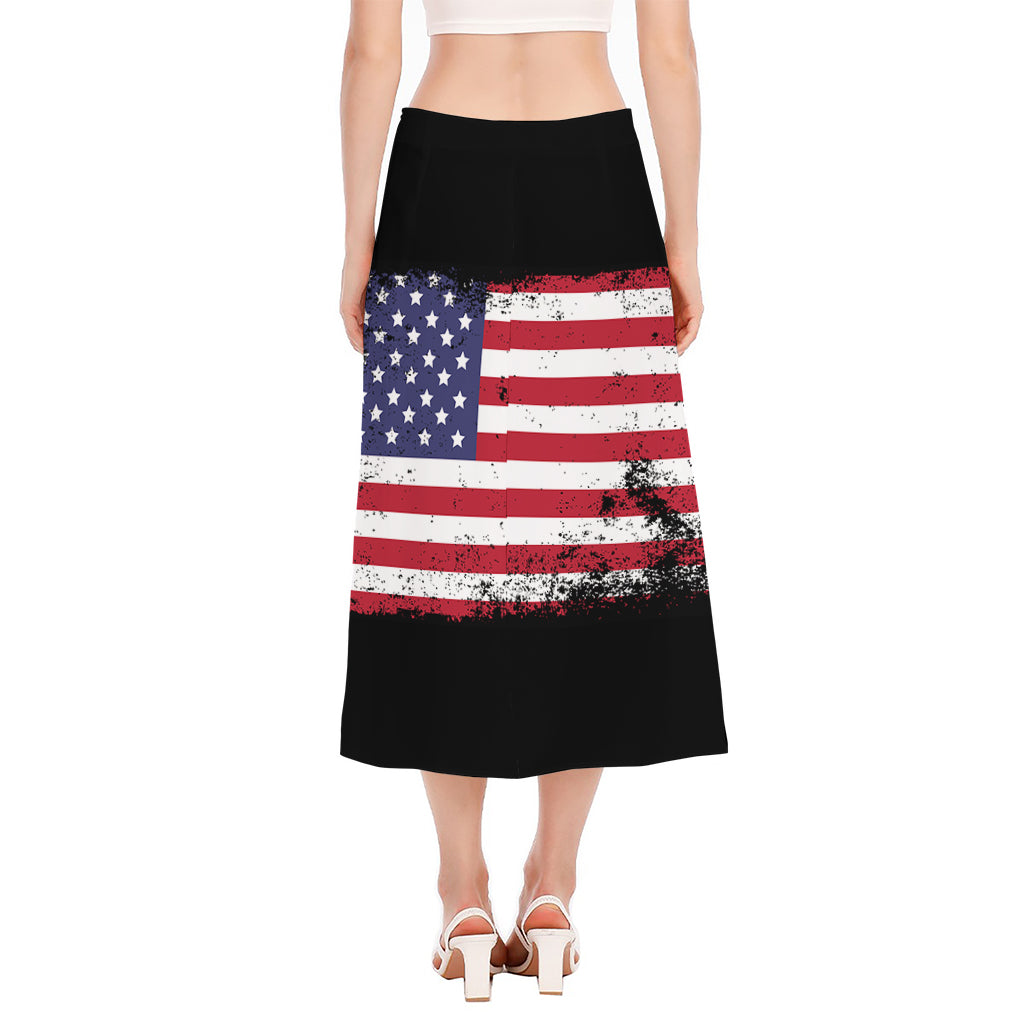Grunge American Flag Print Side Slit Midi Skirt