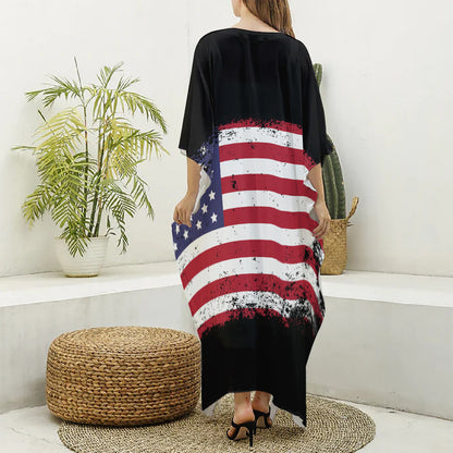 Grunge American Flag Print Silk V-Neck Kaftan Dress