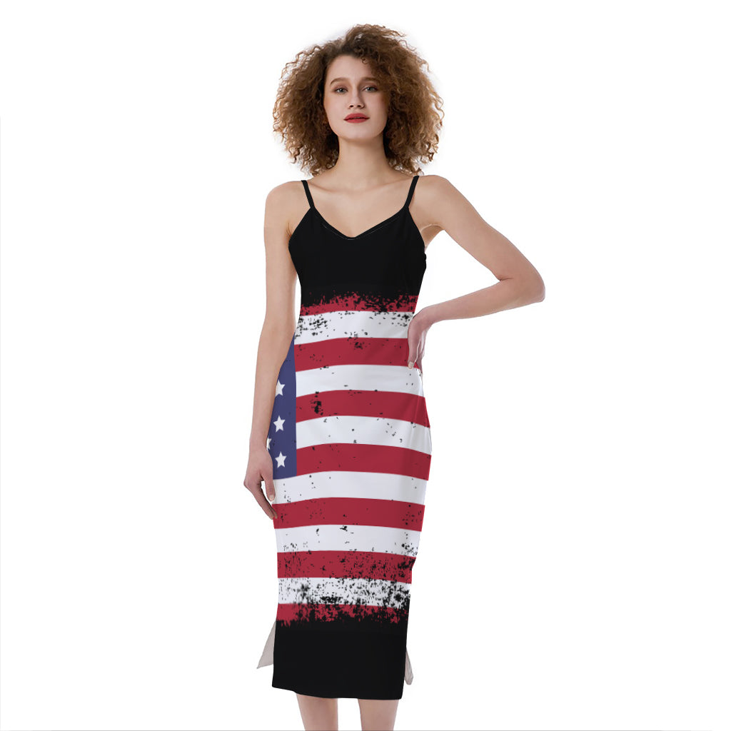 Grunge American Flag Print Slim Fit Midi Cami Dress
