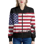 Grunge American Flag Print Women's Bomber Jacket