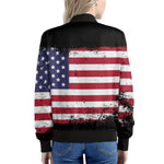 Grunge American Flag Print Women's Bomber Jacket