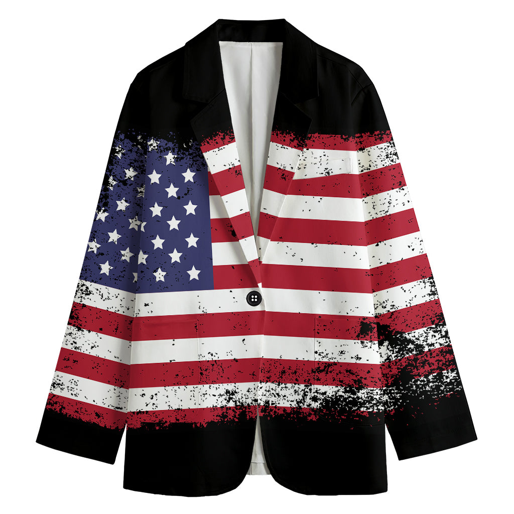 Grunge American Flag Print Women's Cotton Blazer