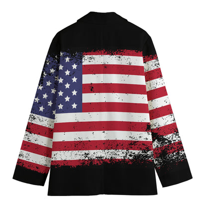 Grunge American Flag Print Women's Cotton Blazer