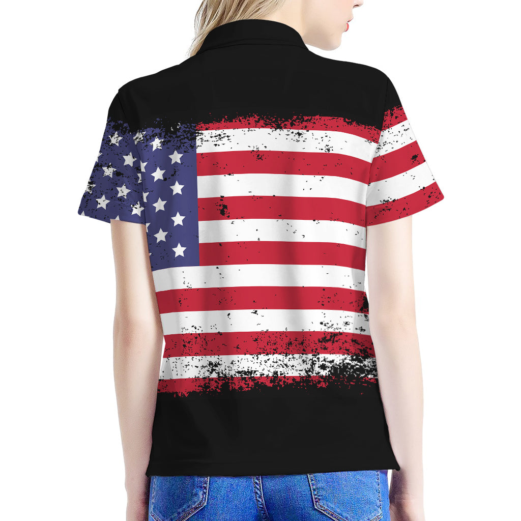 Grunge American Flag Print Women's Polo Shirt