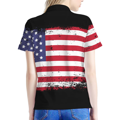 Grunge American Flag Print Women's Polo Shirt