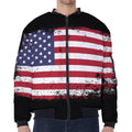 Grunge American Flag Print Zip Sleeve Bomber Jacket