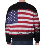 Grunge American Flag Print Zip Sleeve Bomber Jacket