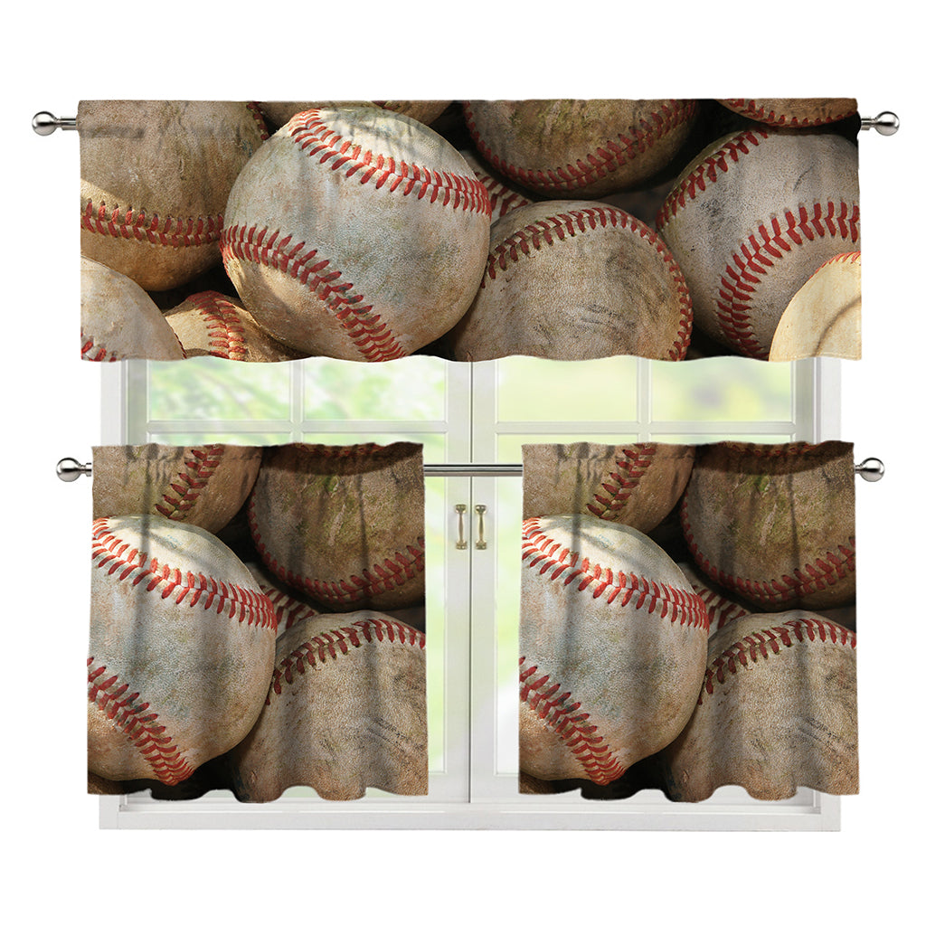 Grunge Baseballs Print 3 Piece Kitchen Curtains