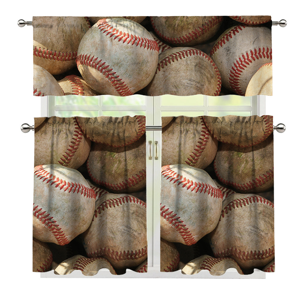 Grunge Baseballs Print 3 Piece Kitchen Curtains