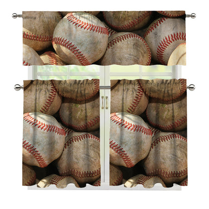 Grunge Baseballs Print 3 Piece Kitchen Curtains