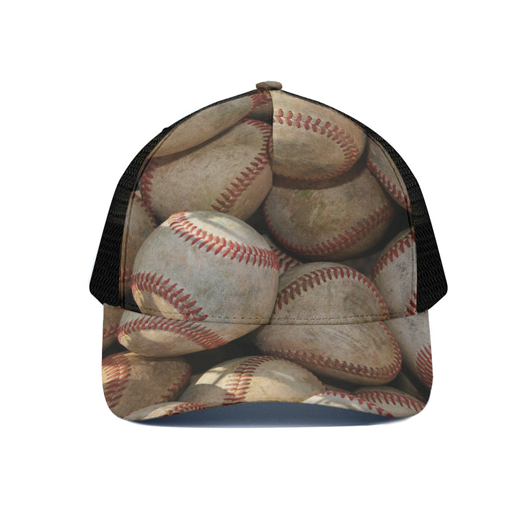Grunge Baseballs Print Black Mesh Trucker Cap