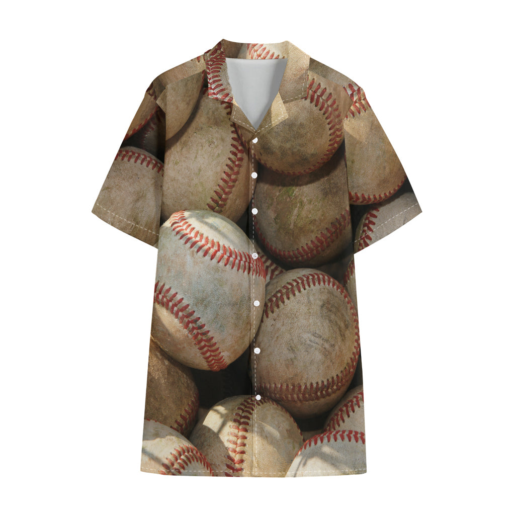 Grunge Baseballs Print Cotton Hawaiian Shirt
