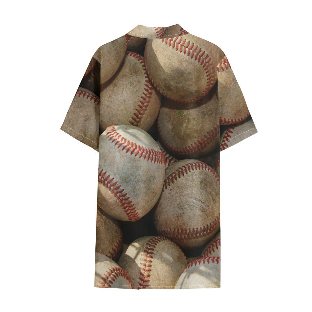 Grunge Baseballs Print Cotton Hawaiian Shirt