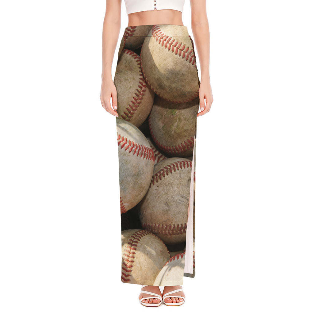 Grunge Baseballs Print High Slit Maxi Skirt