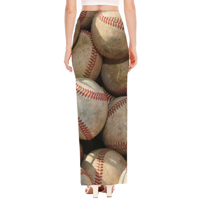 Grunge Baseballs Print High Slit Maxi Skirt
