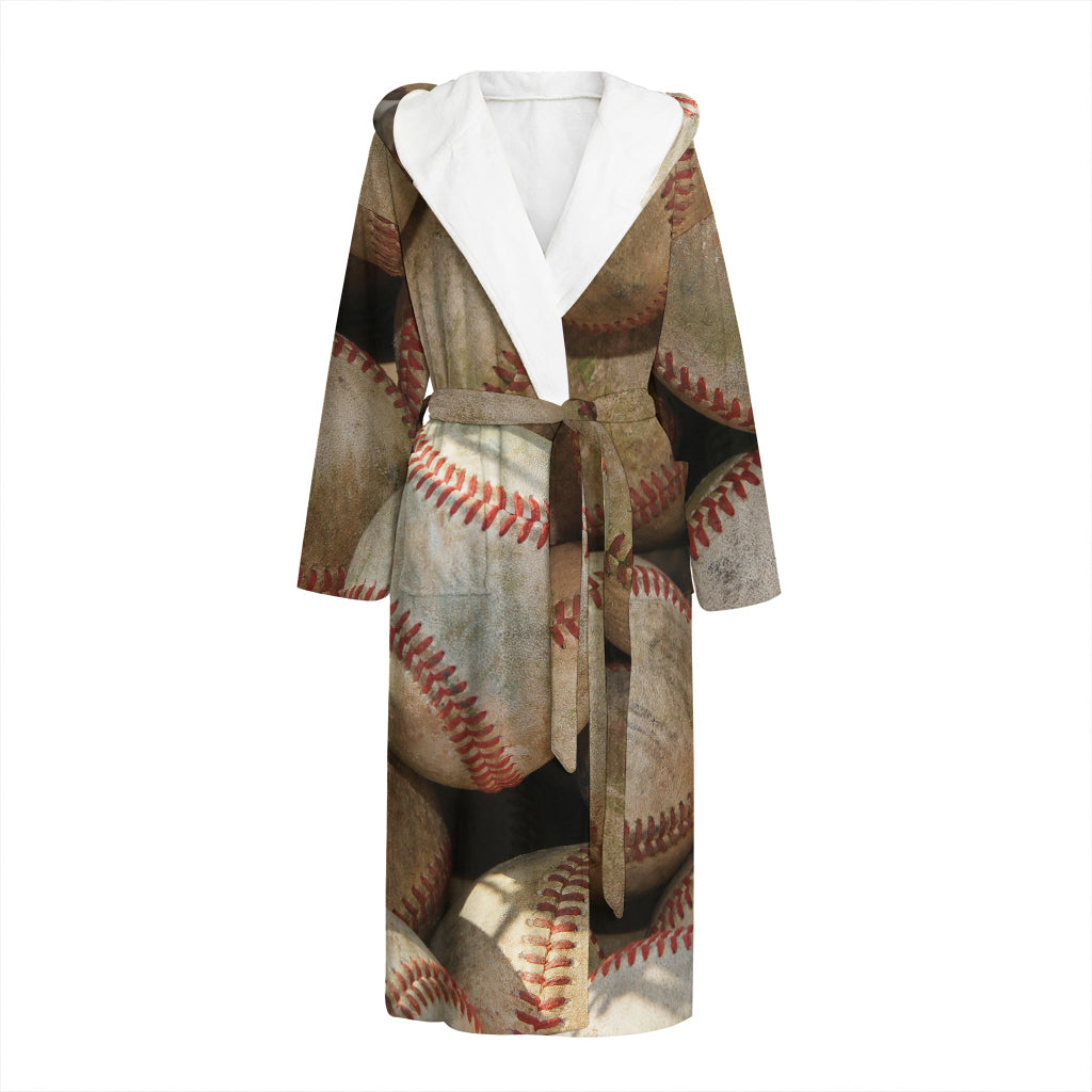 Grunge Baseballs Print Hooded Bathrobe