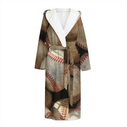 Grunge Baseballs Print Hooded Bathrobe