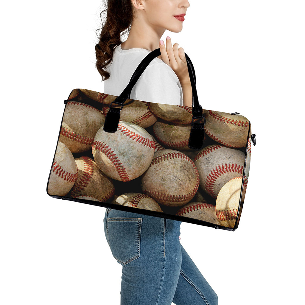 Grunge Baseballs Print Leather Duffle Bag