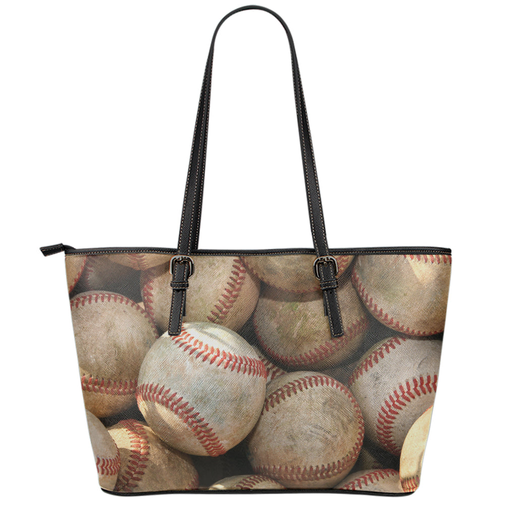 Grunge Baseballs Print Leather Tote Bag