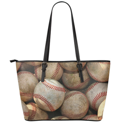 Grunge Baseballs Print Leather Tote Bag