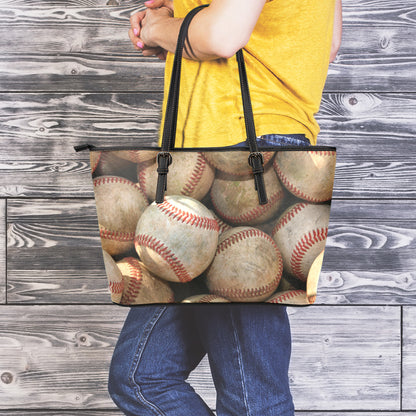 Grunge Baseballs Print Leather Tote Bag