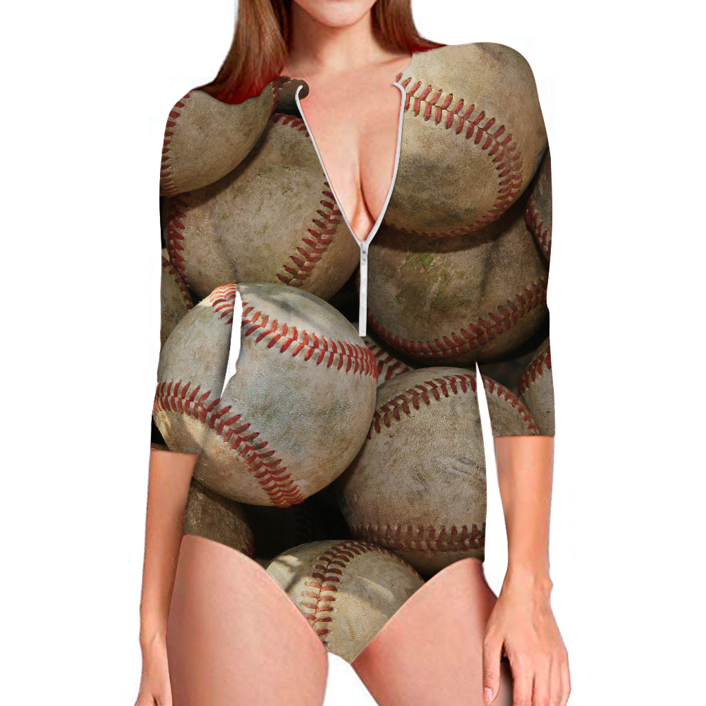 Grunge Baseballs Print Long Sleeve Swimsuit
