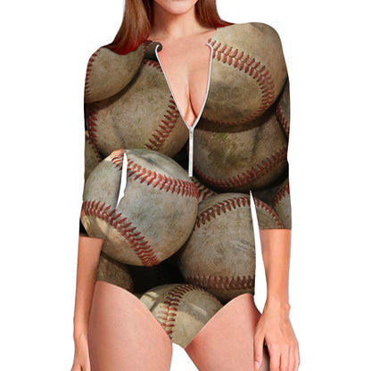 Grunge Baseballs Print Long Sleeve Swimsuit